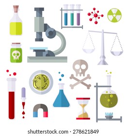 Icons chemistry theme. Objects of chemical and physical sciences. Colorful modern vector flat icons set. Collection of elements and concepts for web and mobile apps. Vector file is EPS8.