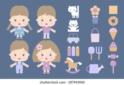 icons with children, toys, sweets and garden tools - vector illustration