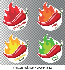 Icons with Chili Pepper Spice Levels. Hot pepper sign with fire flame for packing spicy food. Mild, medium and extra hot pepper sauce stickers. Vector illustration.