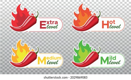 Icons with Chili Pepper Spice Levels. Hot pepper sign with fire flame for packing spicy food. Mild, medium and extra hot pepper sauce stickers. Vector illustration