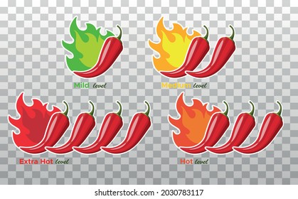 Icons with Chili Pepper Spice Levels. Hot pepper sign with fire flame for packing spicy food. Mild, medium and extra hot pepper sauce stickers. Vector illustration.