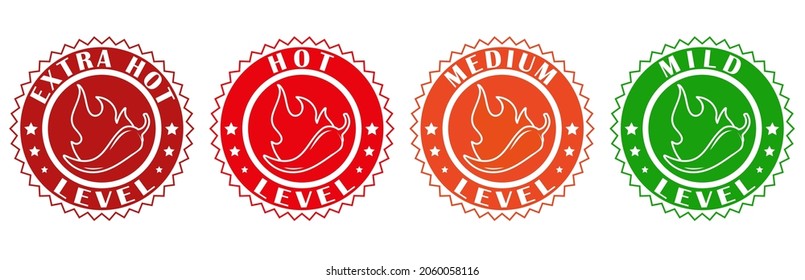 Icons with Chili Pepper Spice Levels. Hot pepper stamps with fire flame for packing spicy food. Mild, medium and extra hot pepper sauce stickers. Vector illustration