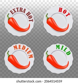 Icons with Chili Pepper Spice Levels. Hot pepper sign for packing spicy food. Mild, medium and extra hot pepper sauce stickers. Vector illustration.