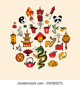 Icons of China decorated in circle, vector sketch illustration
