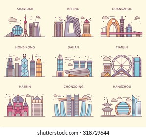 Icons Chinese major cities flat style. Shanghai and china, Beijing and Guangzhou, Hong Kong and Dalian, Tianjin and Harbin, Chongqing and Hangzhou illustration