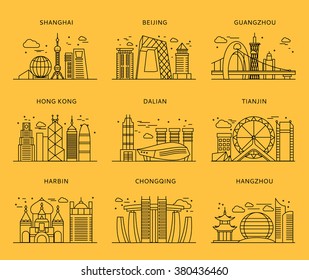 Icons Chinese major cities flat style. Shanghai and china, Beijing and Guangzhou, Hong Kong and Dalian, Tianjin and Harbin, Chongqing and Hangzhou illustration. Black and yellow color