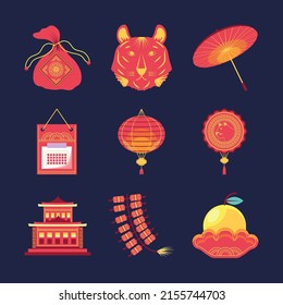 icons chinese new year tiger and calendar
