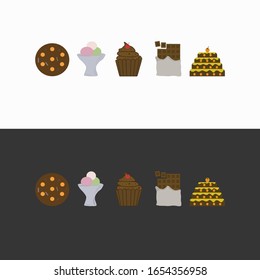 Icons of chocolate, cake, cookies, ice cream. cake on a white and dark background.