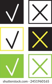 icons of choice vector illustration. checkmark and cross in black, yellow, green colors