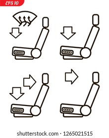 Icons for choices of air flow to the interior of the car. Vector illustration.
Black and white icons of seats and different directions of air on the passenger or driver. Vector icon set.
