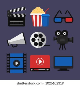 Icons Cine Clapperboard Popcorn 3d Glasses Proyector de cine Videotape Television Speaker. Ilustración vectorial. 