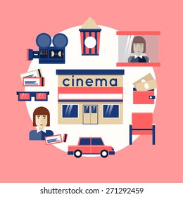 ?inema icons in circle. Glasses, popcorn, tickets, chair, cashier, car, money. Flat icons vector illustration.