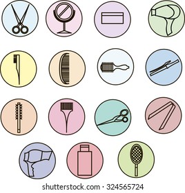 Icons of the circle on a colored background for web design barber shop, beauty salon, hair care and related topics. Vector illustrator 10