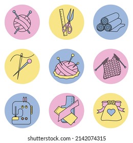 icons in circles needlework, yarn, ball, knitting needles, scissors, ruler. needle thread sewing machine pouch pattern needle bed fabric
