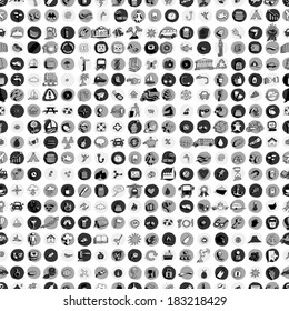 Icons and circles seamless pattern in grey (repeated) with mini doodle drawings (icons). Illustration is in eps8 vector mode.