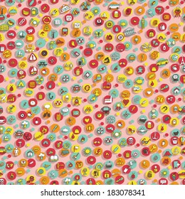 Icons and circles seamless pattern (repeated) with mini doodle drawings (icons). Illustration is in eps10 vector mode, shadows on separate layer (multiply).