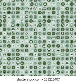 Icons and circles seamless pattern (repeated) with mini doodle drawings (icons). Illustration is in eps8 vector mode.