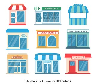 Icons of city store buildings. Vector catoon illustration.