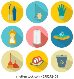 Icons Cleaning The Kitchen Set: Paper Towels, Drainer, Bucket, Broom, Dustpan, Trash, Brush For Bottles, Washing Up Liquid, Mop, Gloves