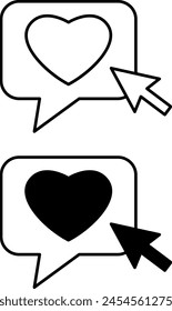 Icons Click Like. Black and White Vector Icons. Clicking the Computer Mouse Arrow on the Heart. Approval, Delight, Like. Social Media Concept