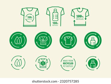 Iconos, Clip arts para moda reciclada, camisetas hechas de botellas PET, 100% recicladas, logotipos, botones, lotes, señal, protección del clima