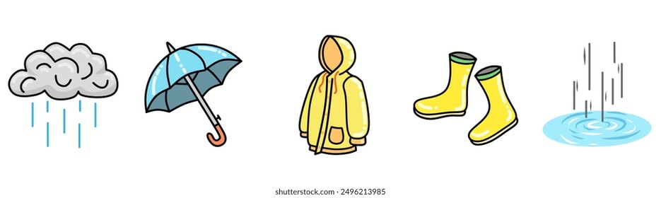 icons of a cloud with rain falling, an open umbrella, a raincoat, and a pair of boots with a puddle of water. depict items typically associated with rainy weather and preparation for rainy weather.