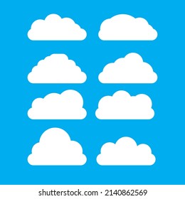 Icons of clouds on blue background. Vector of set of clouds.