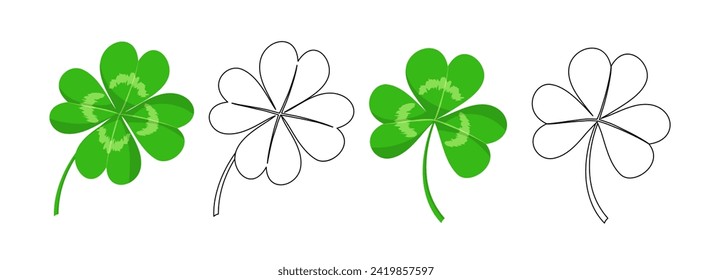 Icons of clover with four and three leaves. Lucky shamrock, symbol of Ireland and St.Patrick day. Green and outline icons of clovers with 3 and 4 leaves, vector set isolated on white background