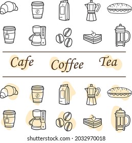 Icons: coffee, cafe, cake, tea, tasty food, french press, sandwich, coffee maker.  Simple and with background. 
