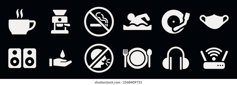 Icons of coffee, coffee maker, no smoking, swimming, vinyl, mask, speakers, hand sanitizer, no eating, dining, headphones, and Wi-Fi on a black background. User interface icon vector set.