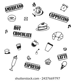 Icons for a coffee shop. Americano, latte, cappuccino, hot chocolate, espresso, cups, coffee makers, beans, desserts. Vector set of EPS 10 logos.