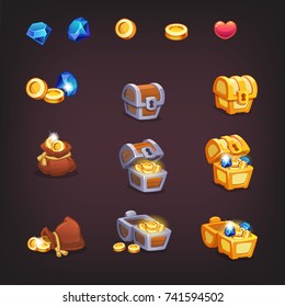 Icons coins and chests for the game interface