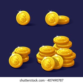 Icons coins for the game interface. Set of cartoon coins for web, game or application interface. Modern vector illustration game art, animation for game and apps. Stack of coins. Coins dollar.