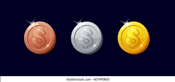 Icons coins for the game interface. Set of cartoon coins for web, game or application interface. Modern vector illustration game art. Coins dollar. Silver, gold, and copper, bronze coins.