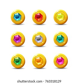 Icons coins for the game interface. Set of different cartoon coins with colorful gemstones inside for web, game or application interface.Vector illustration game art, animation for apps.