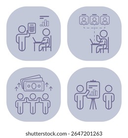 Icons of collaboration in modern office, showcasing teamwork, discussions, presentations, and financial management relevant to todays business landscape