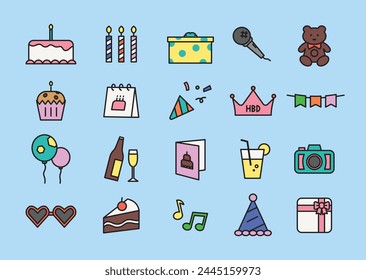 iconos colección de fiesta de cumpleaños. contorneado Ilustración vectorial.