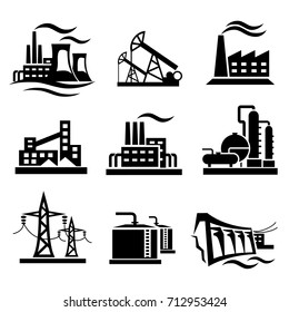 icons collection of different power plants and factories, industry symbols