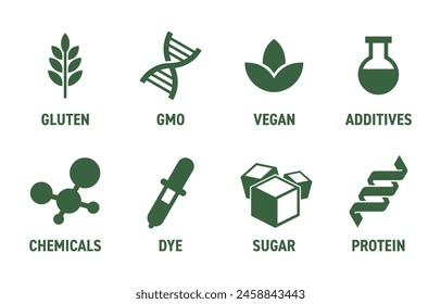 Colección de iconos para el etiquetado de alimentos. Disponibilidad o no disponibilidad de los principales ingredientes y nutrientes en la composición de los productos. Pictogramas planos monocromos.