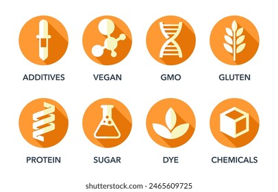 Icons collection for food labeling. Availability or unavailability of main ingredients and nutrients in products composition. Circle pictograms with long shadows