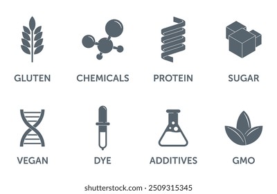 Coleção de ícones para rotulagem de alimentos. Disponibilidade ou indisponibilidade dos principais ingredientes e nutrientes na composição dos produtos. Coleção de pictogramas monocromáticos planos