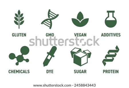 Icons collection for food labeling. Availability or unavailability of main ingredients and nutrients in products composition. Flat monochrome pictograms.