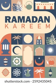 Icons collection in one frame of Ramadan Kareem greeting card