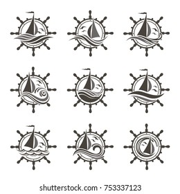 icons collection of sailing yacht, handwheel and ocean waves with seagulls