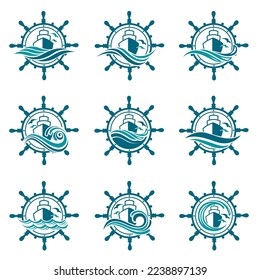 icons collection of ship, handwheel and ocean waves with seagulls