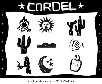 Icons collection in woodcut style. Allusion to cangaço and the Brazilian Northeast, type Cordel Literature.