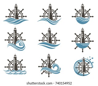 icons collection of yacht helm wheel and lighthouse with sea waves
