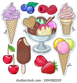 icons colored dessert, ice cream, ice cream in a waffle cup and different berries