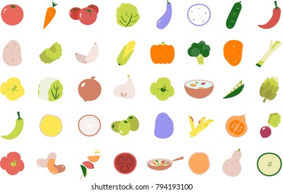 Icons of colorful illustrated vegetables. Vector based and editable. The set includes different types of veggies and healthy food. Great to illustrate recipes or decorate kitchen related articles.