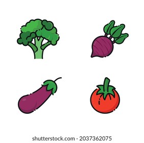 Icons of colorful vegetables, beetroot, eggplant, tomato and broccoli